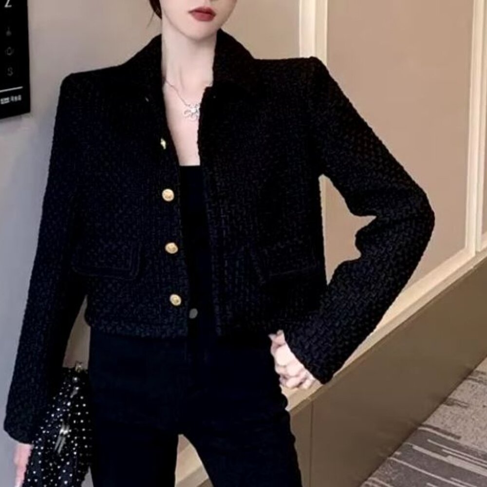 NWT Women’s Black Quilted Button Front Tweed Coat Warm Winter Jacket Classic